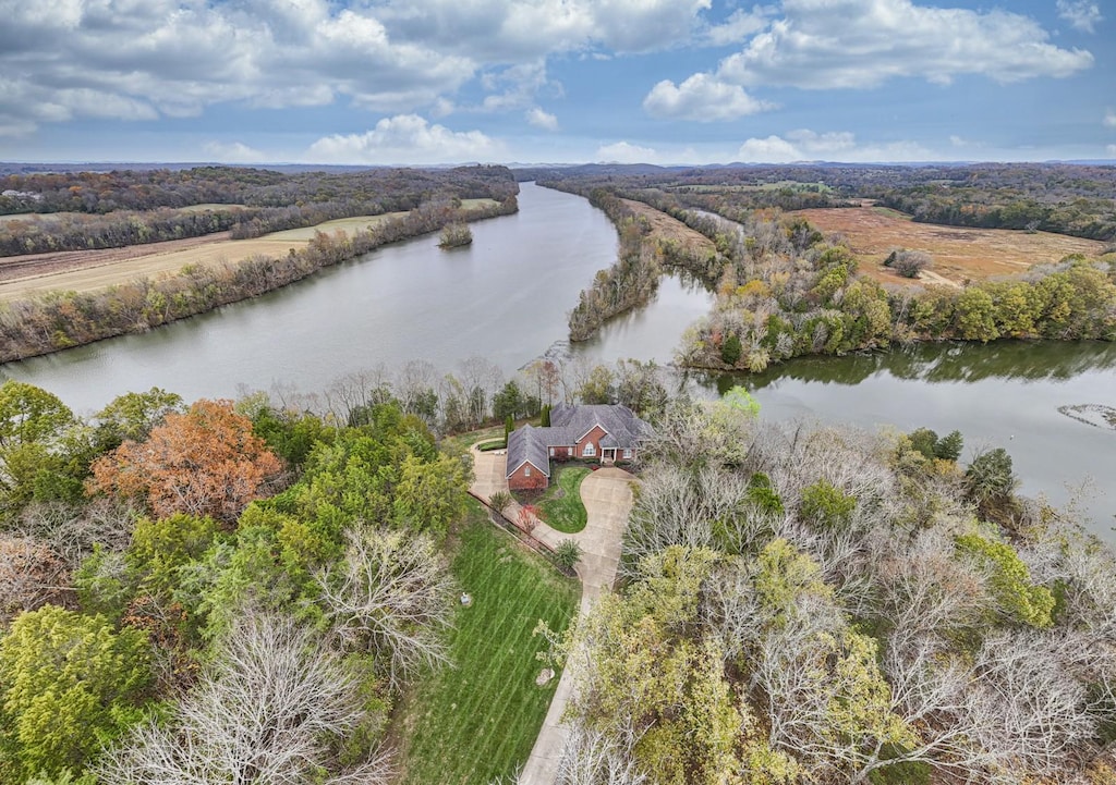 aerial view featuring a rural view and a water view