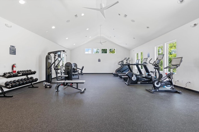 workout area featuring ceiling fan and vaulted ceiling