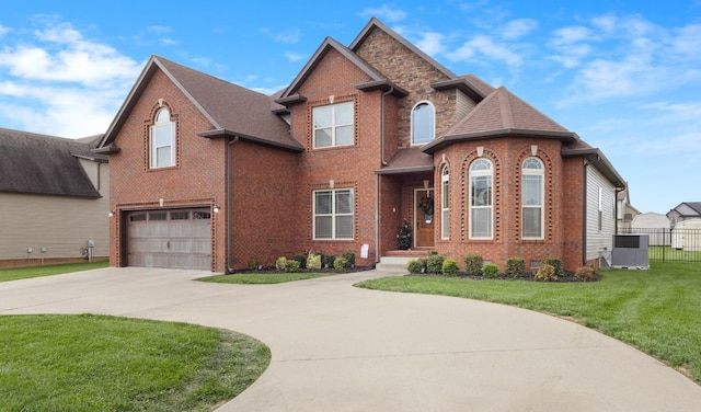 view of front of home featuring concrete driveway, brick siding, an attached garage, and a front lawn