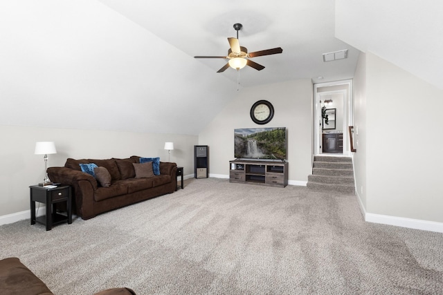 living room featuring baseboards, visible vents, and carpet flooring