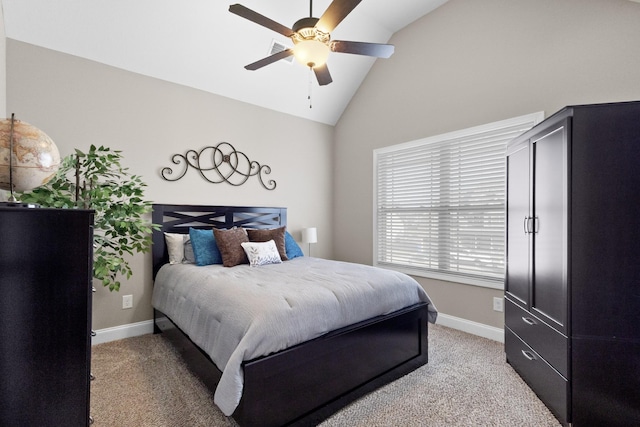 bedroom with light carpet, baseboards, a ceiling fan, and lofted ceiling