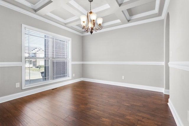 unfurnished room with a chandelier, coffered ceiling, dark wood finished floors, and baseboards