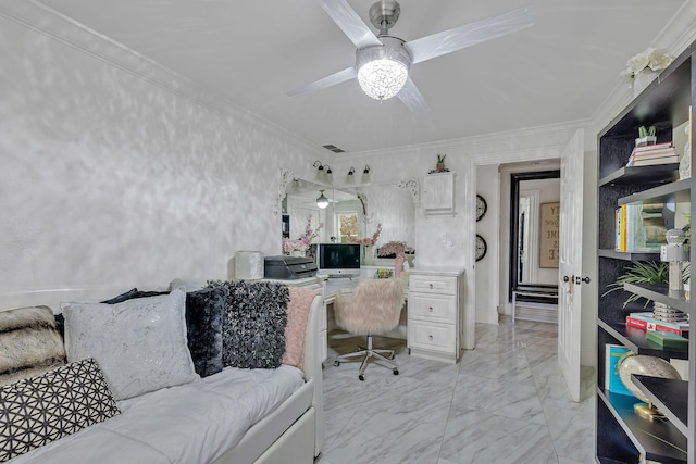 home office featuring ceiling fan and ornamental molding