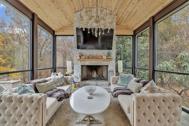 sunroom featuring a fireplace, vaulted ceiling, and wood ceiling