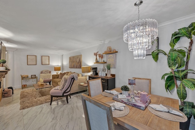 dining area with an inviting chandelier and ornamental molding