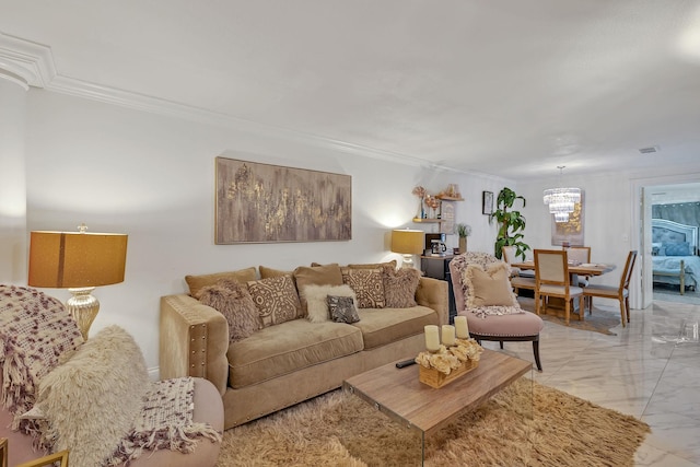 living room with ornamental molding and an inviting chandelier