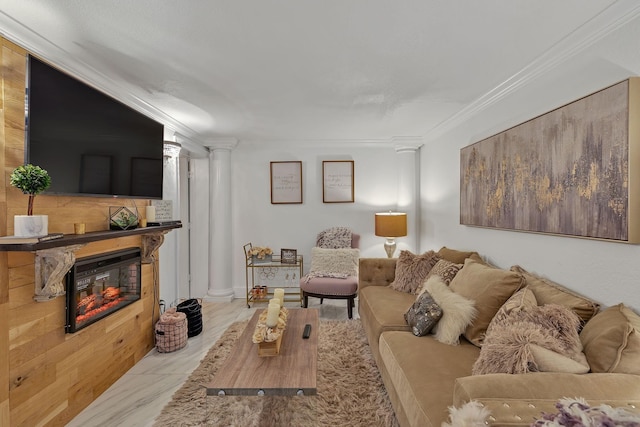 living room featuring light tile patterned floors, ornate columns, and crown molding