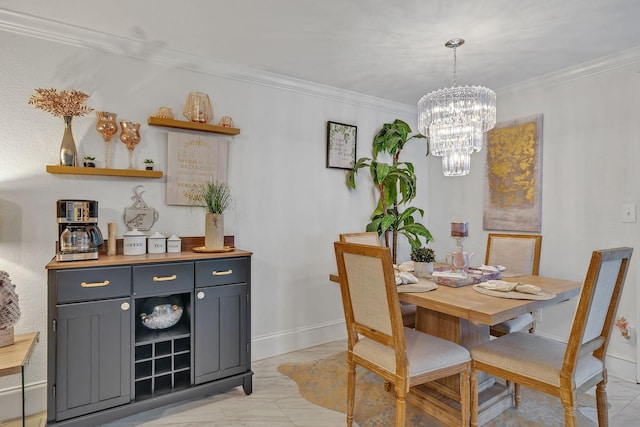 dining area featuring crown molding and an inviting chandelier