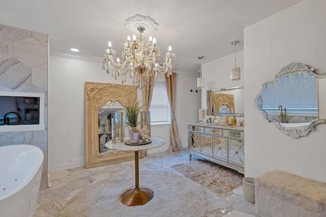 bathroom featuring a bathing tub, a notable chandelier, and ornamental molding