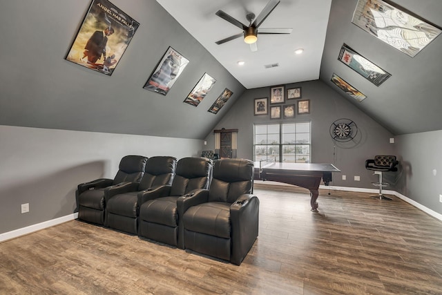 cinema with lofted ceiling, hardwood / wood-style flooring, ceiling fan, and billiards