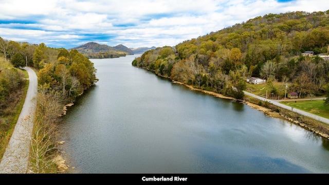 bird's eye view with a water and mountain view