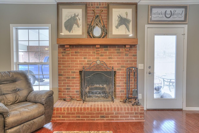 living room with a fireplace, crown molding, plenty of natural light, and wood-type flooring