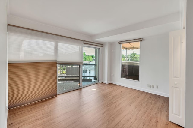 spare room featuring ornamental molding and light wood-type flooring