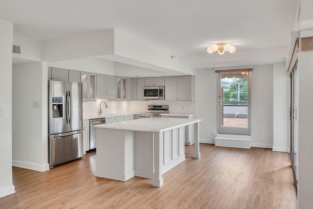 kitchen with gray cabinetry, sink, light wood-type flooring, a kitchen island, and stainless steel appliances