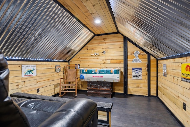 living room with wood ceiling, wooden walls, vaulted ceiling, and dark wood finished floors