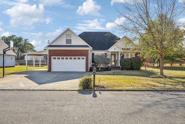 traditional home featuring driveway, brick siding, roof with shingles, an attached garage, and a front yard