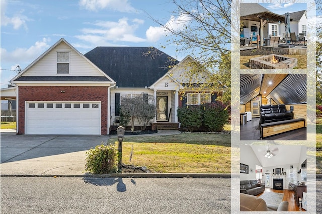 view of front of house with a garage, concrete driveway, a front lawn, and brick siding