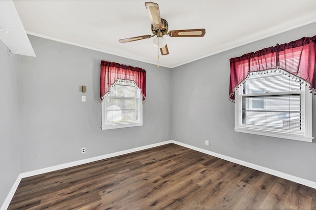 unfurnished room featuring ceiling fan, ornamental molding, and hardwood / wood-style flooring