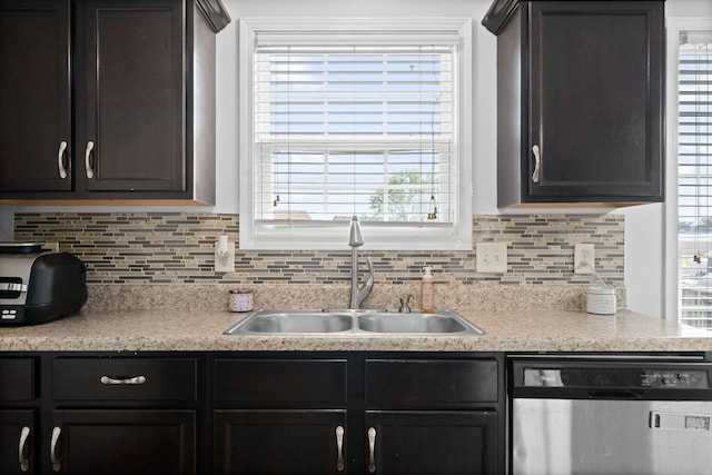 kitchen featuring decorative backsplash, a healthy amount of sunlight, sink, and stainless steel dishwasher