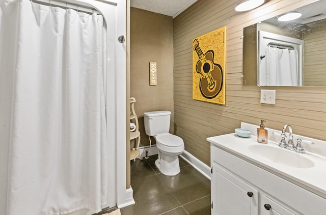 bathroom with tile patterned flooring, vanity, toilet, and wood walls