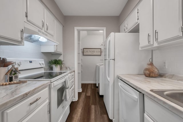 kitchen featuring electric range, dishwasher, tasteful backsplash, dark hardwood / wood-style flooring, and white cabinets