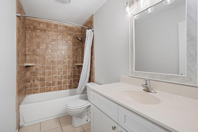 full bathroom with tile patterned flooring, vanity, toilet, and shower / tub combo with curtain