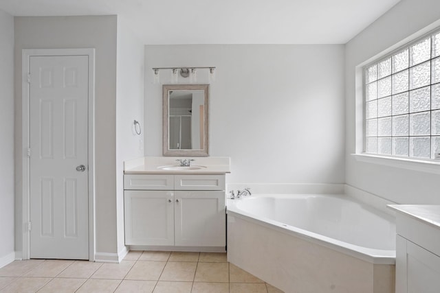 bathroom featuring vanity, tile patterned floors, and independent shower and bath