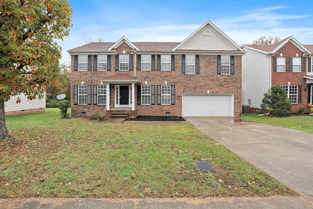 view of front of house featuring a garage, central air condition unit, and a front yard