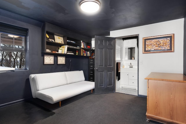 living area featuring dark carpet and sink