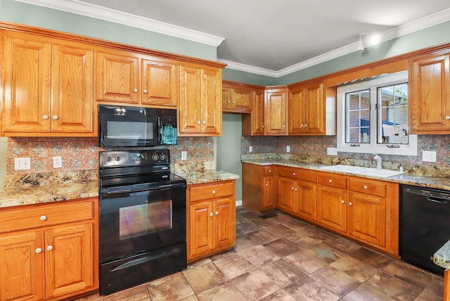 kitchen featuring backsplash, black appliances, sink, light stone countertops, and ornamental molding