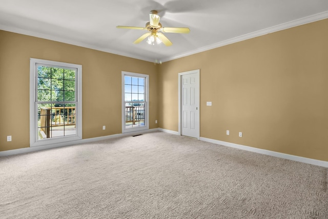 spare room featuring carpet, ceiling fan, and crown molding