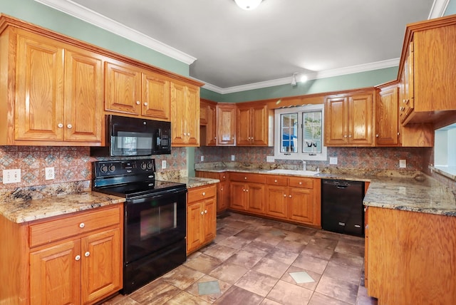 kitchen with decorative backsplash, sink, black appliances, and ornamental molding