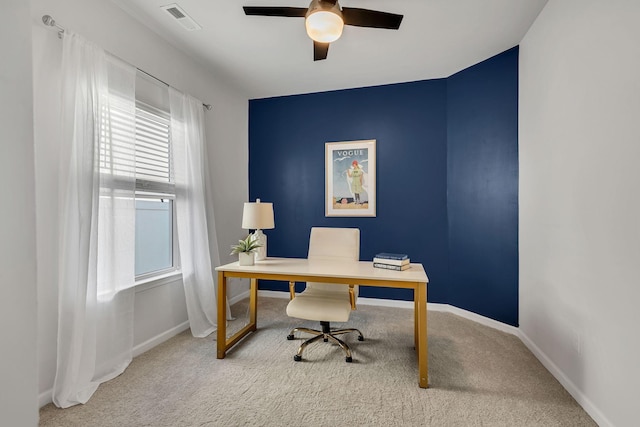 office featuring ceiling fan and carpet floors