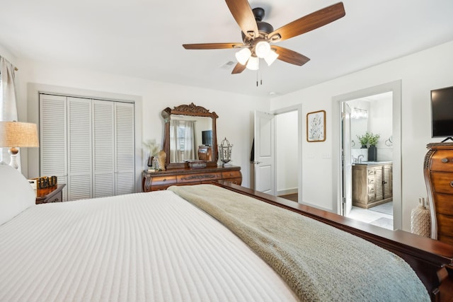 bedroom featuring ceiling fan, light hardwood / wood-style floors, and a closet