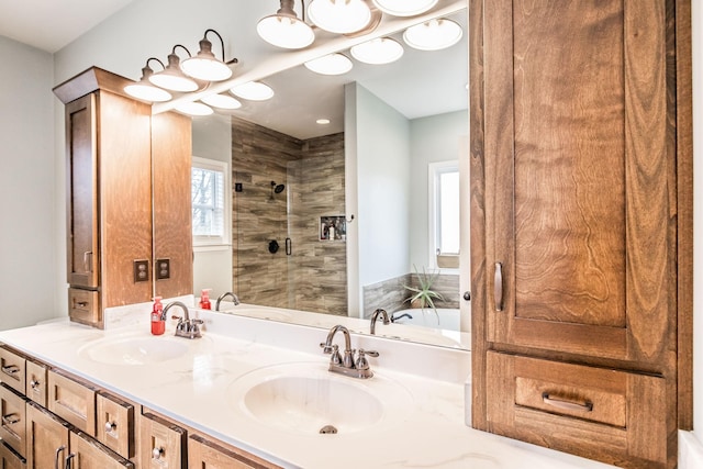 bathroom with vanity and plus walk in shower