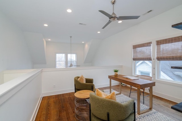 office area with wood-type flooring, plenty of natural light, and ceiling fan