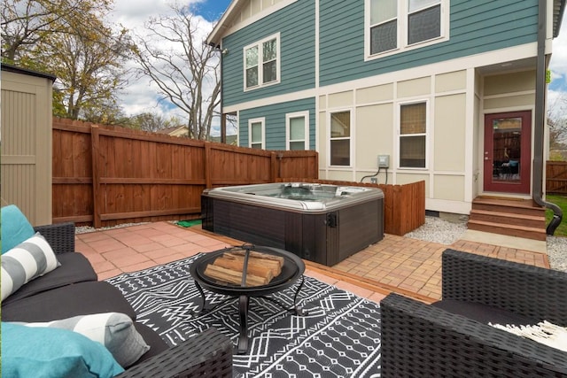 view of patio featuring a hot tub