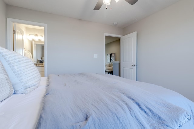 bedroom featuring ceiling fan and connected bathroom