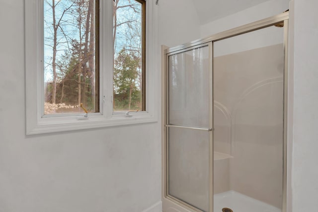 bathroom featuring a shower with door