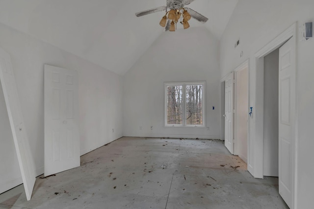 additional living space with high vaulted ceiling and ceiling fan