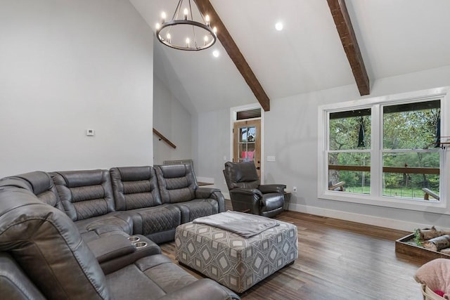 living room featuring beamed ceiling, high vaulted ceiling, dark wood-type flooring, and a notable chandelier