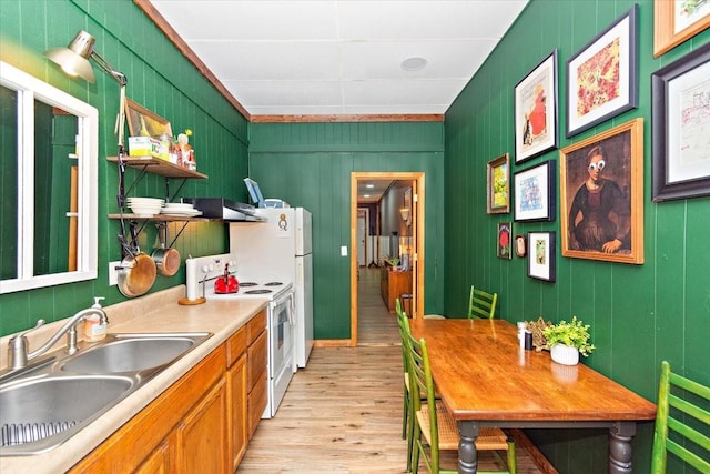 kitchen featuring white electric range oven, wood walls, sink, and light hardwood / wood-style flooring