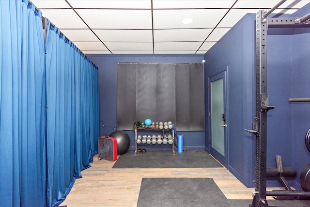 interior space with wood-type flooring and a drop ceiling