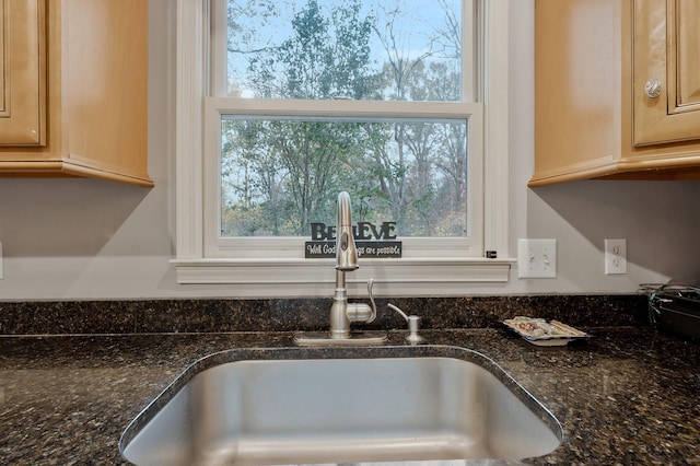 details featuring dark stone countertops, sink, and light brown cabinets