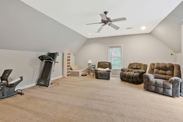 workout area with light colored carpet, vaulted ceiling, and ceiling fan