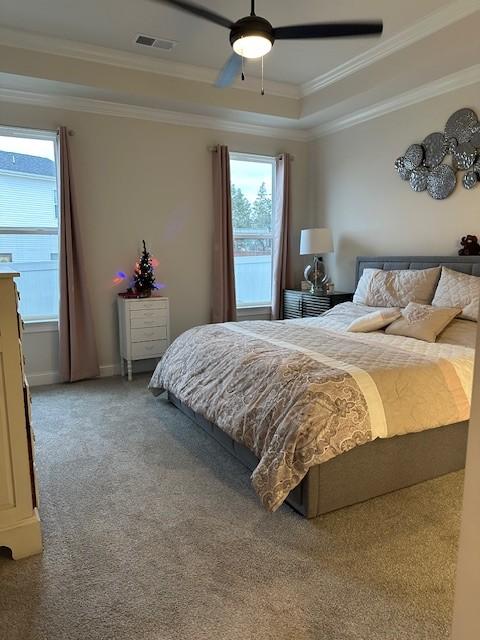 bedroom featuring multiple windows, carpet, a raised ceiling, and visible vents