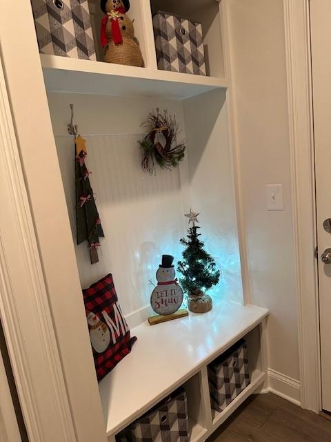 mudroom with dark hardwood / wood-style floors