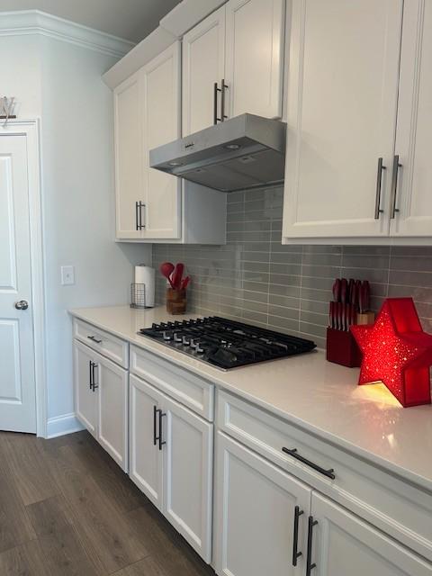 kitchen featuring ornamental molding, decorative backsplash, white cabinetry, and under cabinet range hood