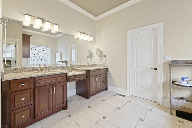 bathroom featuring tile patterned floors, vanity, and crown molding