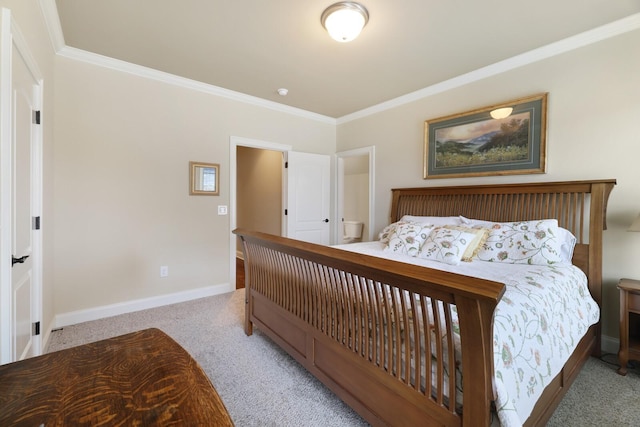 bedroom featuring light colored carpet and crown molding